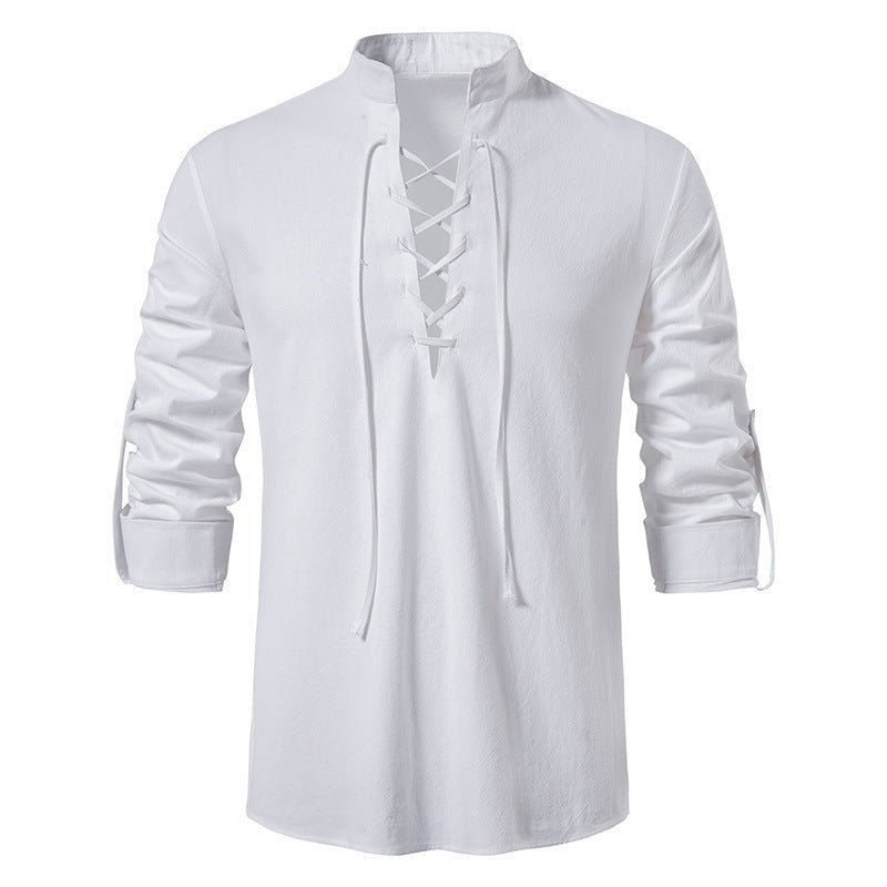 Men's V-neck Lace-up Cotton and Linen Loose Casual Stand-collar Shirt