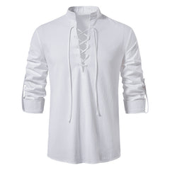 Men's V-neck Lace-up Cotton and Linen Loose Casual Stand-collar Shirt