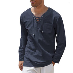 New Style Men's Cotton and Linen Fashion Casual Lace-up V-neck Long-sleeved Shirt