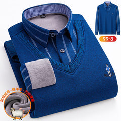 2023 Men's Business Casual Knitted Stretch Wool Fake Two-Piece Warm Shirt
