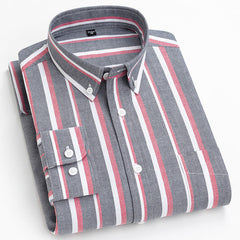 Men's Pure Cotton Oxford Vertical Plaid Striped Business Casual Long-sleeved Shirt