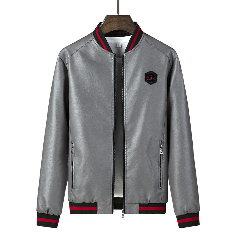 New Zip Stand Collar Casual Leather Jacket