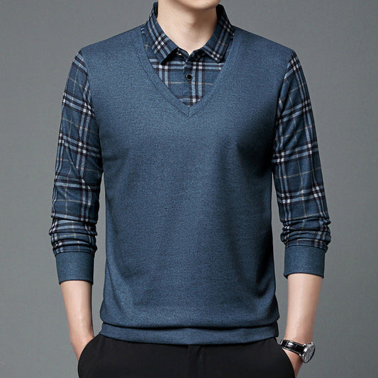 Men's Fake Two Piece Wool Silk Slim Fit Plaid Shirt