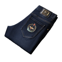 Men's Winter Thickened High-end Fashion Embroidered Stretch Straight Jeans