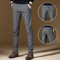 Men's Plaid Cotton and Linen Stretch Casual Trousers