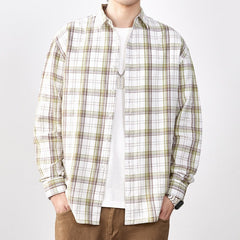 Men's Spring 2024 100% Cotton Loose Plaid Striped Shirt