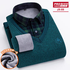 Men's Fake Two-piece Velvet Thickened Loose Casual Knitted Shirt