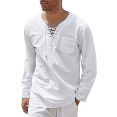 New Style Men's Cotton and Linen Fashion Casual Lace-up V-neck Long-sleeved Shirt