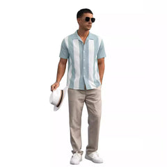 2024 Summer Contrast Stripe Stitching Short-sleeved Loose Casual Shirt
