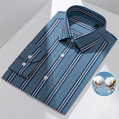 Men's Business Casual 100% Cotton Plaid No-iron Long-sleeved Shirt