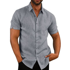 Men's solid color short-sleeved linen buttons shirt