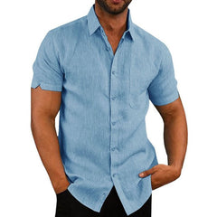 Men's solid color short-sleeved linen buttons shirt