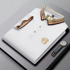 Men's Business Embroidered Striped Lapel Polo Shirt